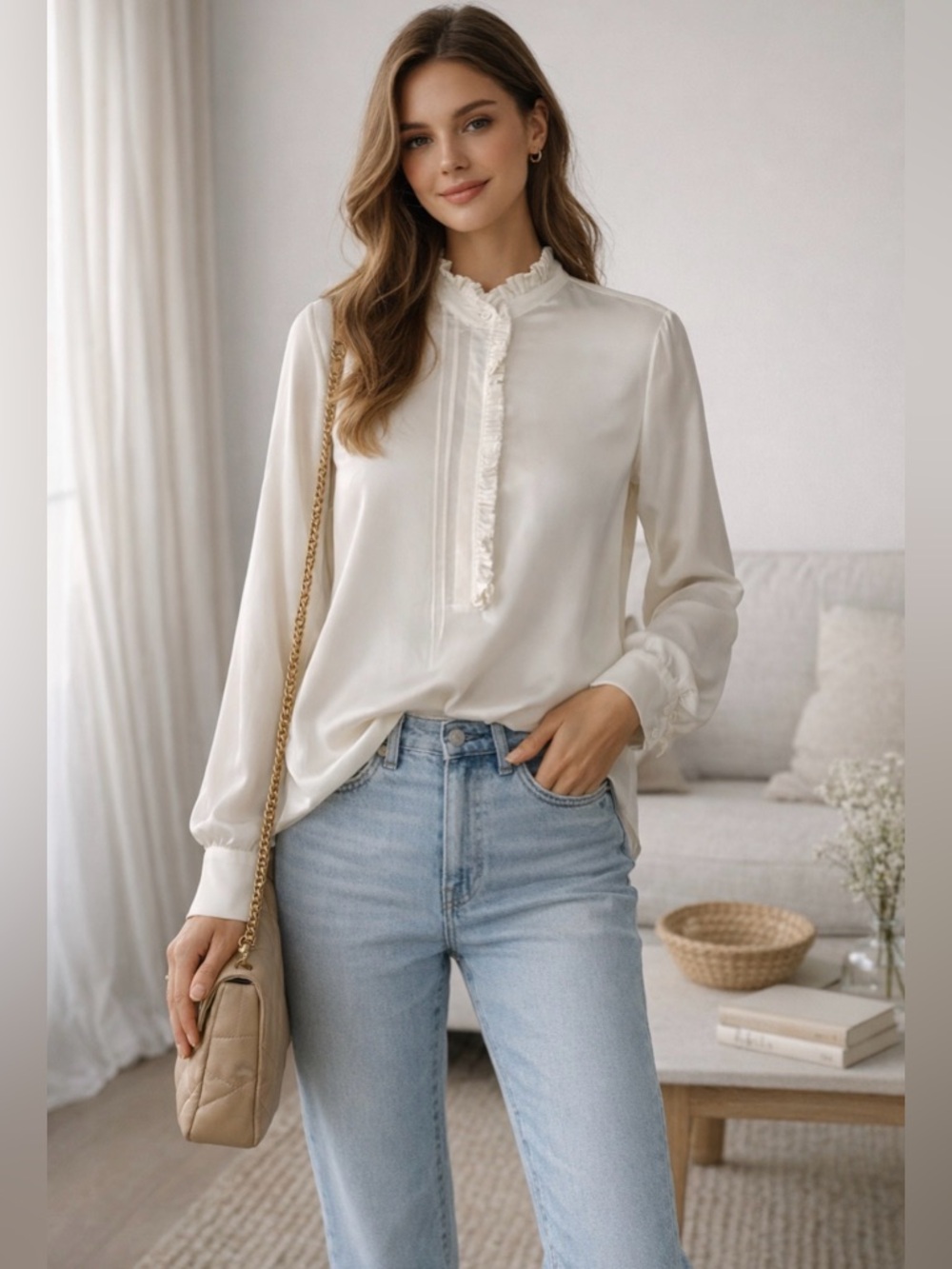 LILYSILK Ivory Silk Ruffle Neck Blouse | Elegant Minimalist | Size Large